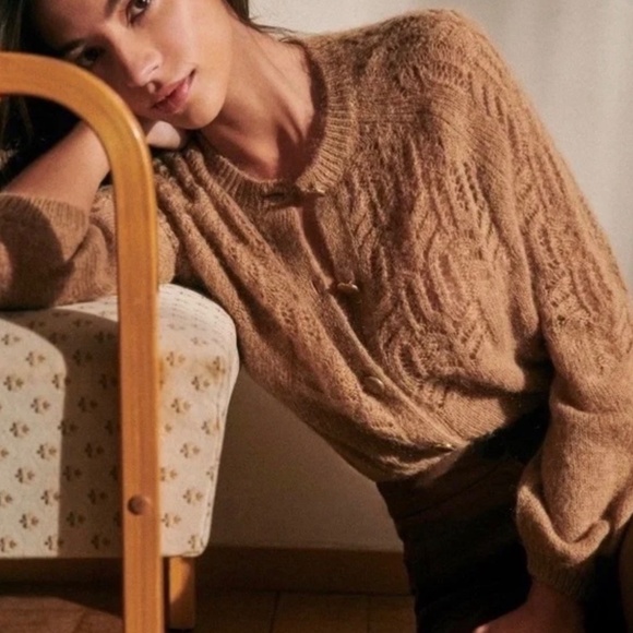 Sezane La Maille Tonio Button Front Mohair Wool Blend Cardigan Tan/Peach L - Picture 1 of 14